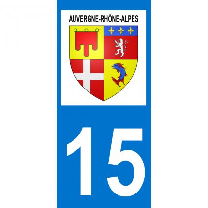 Autocollant pour plaque auto: blason Auvergne-Rhône-Alpes + département 15 (Cantal)