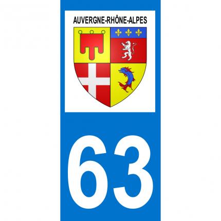 Autocollant pour plaque auto: blason Auvergne-Rhône-Alpes + département 63 (Puy-de-Dôme)