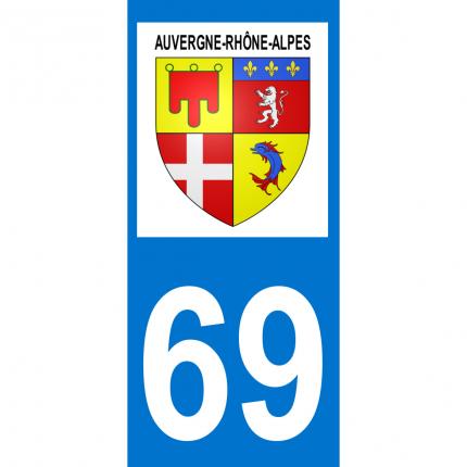 Autocollant pour plaque auto: blason Auvergne-Rhône-Alpes + département 69 (Rhône)