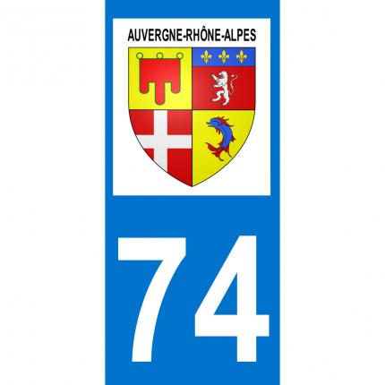 Autocollant pour plaque auto: blason Auvergne-Rhône-Alpes + département 74 (Haute-Savoie)