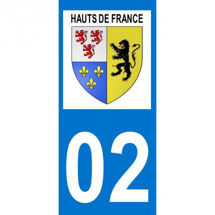 Autocollant pour plaque auto: blason Hauts-de-France + département 02 (Aisne)