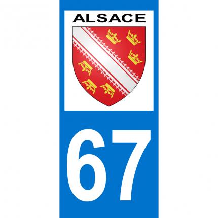 Autocollant pour plaque auto: blason Alsace + département 67 (Bas-Rhin)