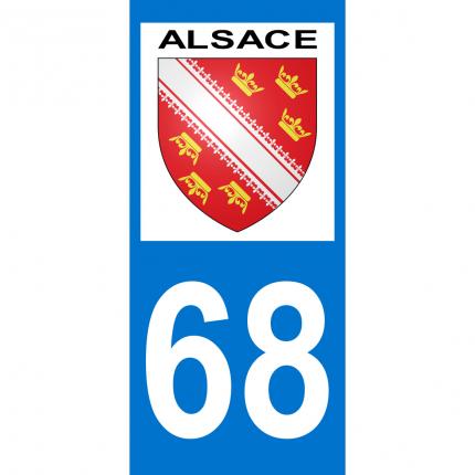 Autocollant pour plaque auto: blason Alsace + département 68 (Haut-Rhin)