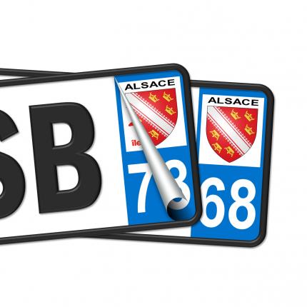 Plaques d'immatriculation avec autocollant blason Alsace et numéro 68 (Haut-Rhin)