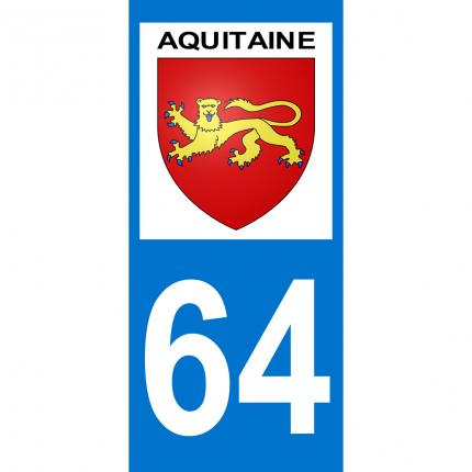 Autocollant pour plaque auto: blason Aquitaine + département 64 (Pyrénées Atlantiques)