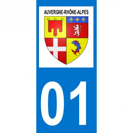 Autocollant pour plaque auto: blason Auvergne-Rhône-Alpes + département 01 (Ain)