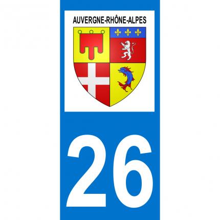 Autocollant pour plaque auto: blason Auvergne-Rhône-Alpes + département 26 (Drôme)