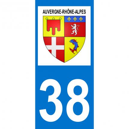 Autocollant pour plaque auto: blason Auvergne-Rhône-Alpes + département 38 (Isère)