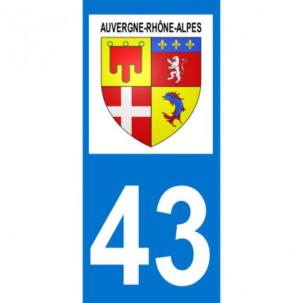 Autocollant pour plaque auto: blason Auvergne-Rhône-Alpes + département 43 (Haute Loire)