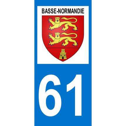 Autocollant pour plaque auto: blason Basse-Normandie + département 61 (Orne)