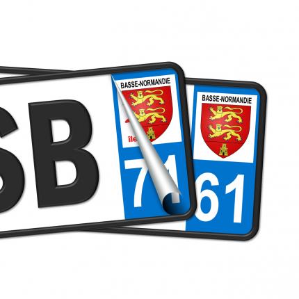 Plaques d'immatriculation avec autocollant blason Basse-Normandie et numéro 61 (Orne)