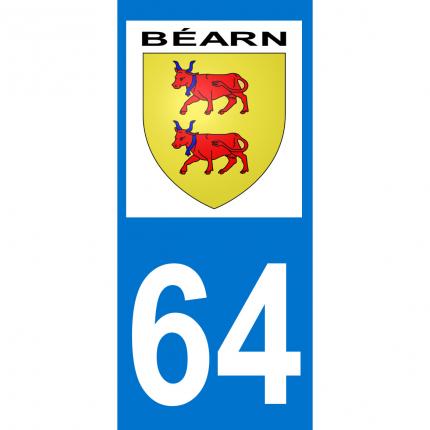 Autocollant pour plaque auto: blason Béarn + département 64 (Pyrénées Atlantiques)