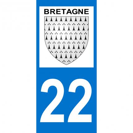 Autocollant pour plaque auto: blason Bretagne + département 22 (Côte d Armor)