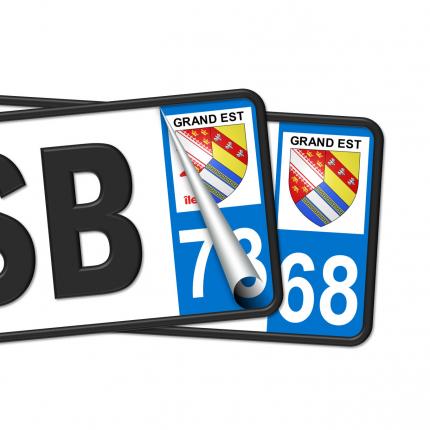 Plaques d'immatriculation avec autocollant blason Grand Est et numéro 68 (Haut-Rhin)