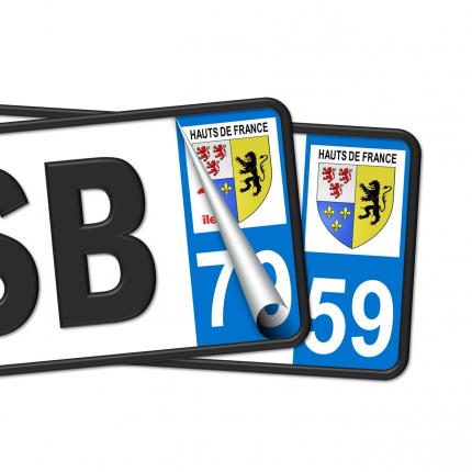 Plaques d'immatriculation avec autocollant blason Hauts-de-France et numéro 59 (Nord)