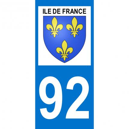 Autocollant pour plaque auto: blason Ile de France + département 92 (Hauts-de-Seine)