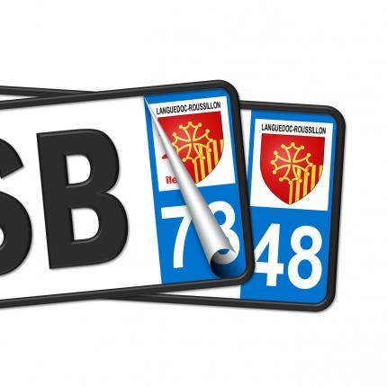 Plaques d'immatriculation avec autocollant blason Languedoc-Roussillon et numéro 48 (Lozère)