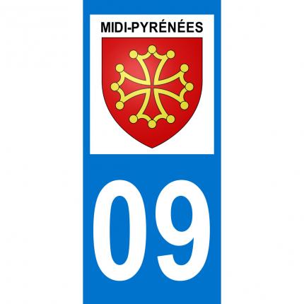 Autocollant pour plaque auto: blason Midi-Pyrénées + département 09 (Ariège)