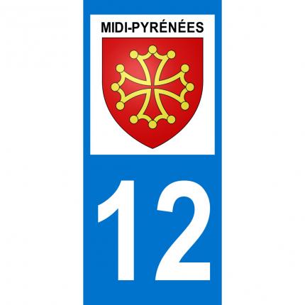 Autocollant pour plaque auto: blason Midi-Pyrénées + département 12 (Aveyron)