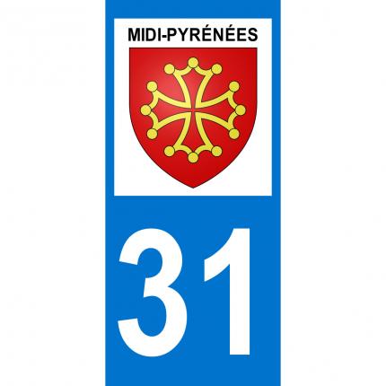 Autocollant pour plaque auto: blason Midi-Pyrénées + département 31 (Haute-Garonne)