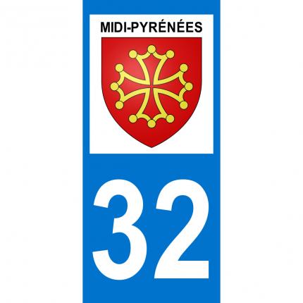 Autocollant pour plaque auto: blason Midi-Pyrénées + département 32 (Gers)