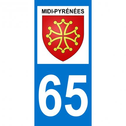 Autocollant pour plaque auto: blason Midi-Pyrénées + département 65 (Hautes-Pyrénées)