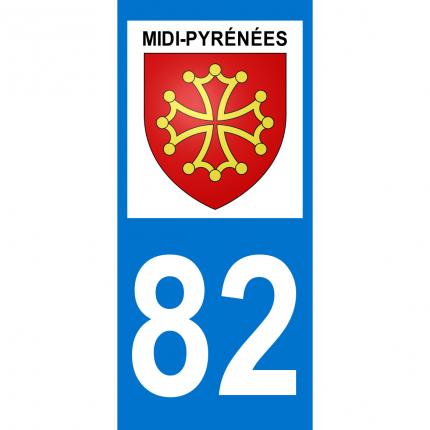 Autocollant pour plaque auto: blason Midi-Pyrénées + département 82 (Tarn-et-Garonne)