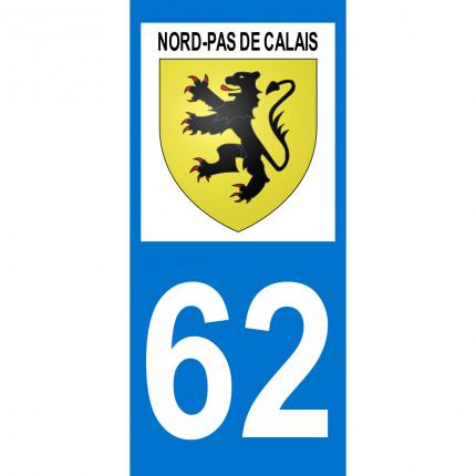 Autocollant pour plaque auto: blason Nord-Pas de Calais + département 62 (Pas-de-Calais)