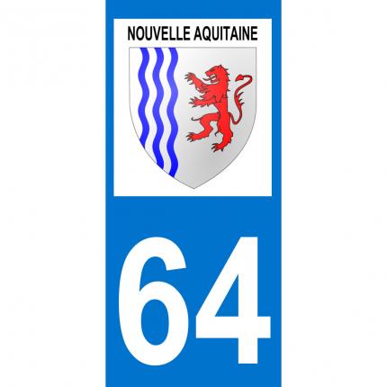 Autocollant pour plaque auto: blason Nouvelle Aquitaine + département 64 (Pyrénées Atlantiques)
