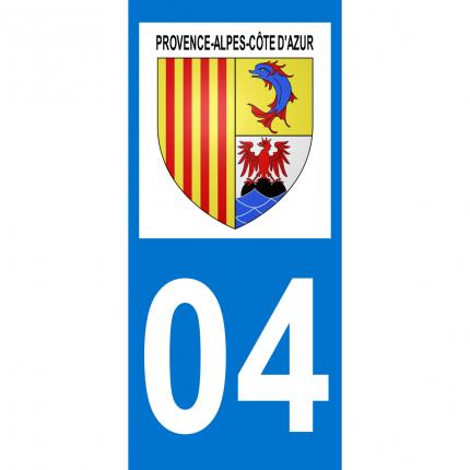 Autocollant pour plaque auto: blason Provence-Alpes-Côte d Azur (PACA) + département 04 (Alpes de Haute Provence)