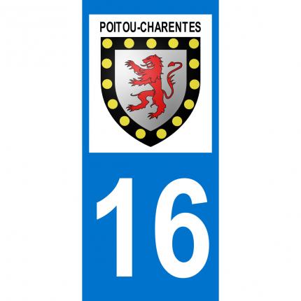 Autocollant pour plaque auto: blason Poitou-Charentes + département 16 (Charente)