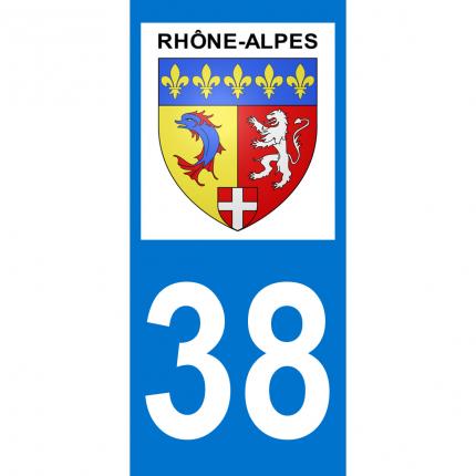 Autocollant pour plaque auto: blason Rhône-Alpes + département 38 (Isère)