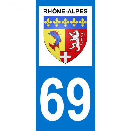 Autocollant pour plaque auto: blason Rhône-Alpes + département 69 (Rhône)