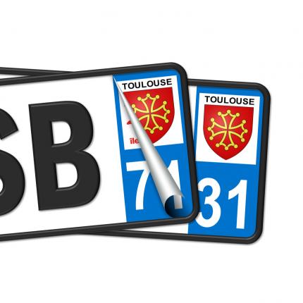 Plaques d'immatriculation avec autocollant blason Toulouse et numéro 31 (Haute-Garonne)